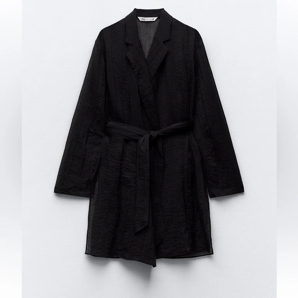 Zara Black Semi-sheer Minimalist Belted Blouse Relaxed long sleeves belt XS NWT - Picture 2 of 16